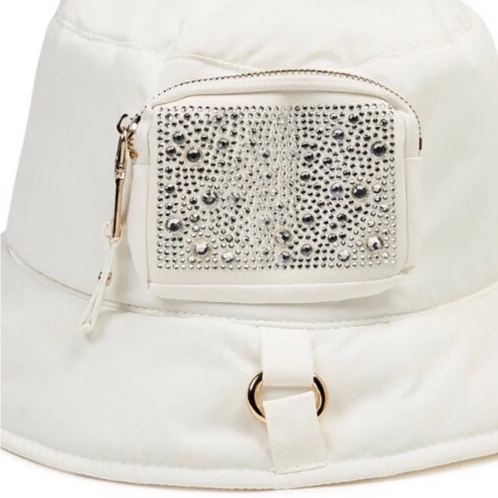 Cute bejeweled bling Blue Puffer‎ Bucket Hat with zippered pocket new